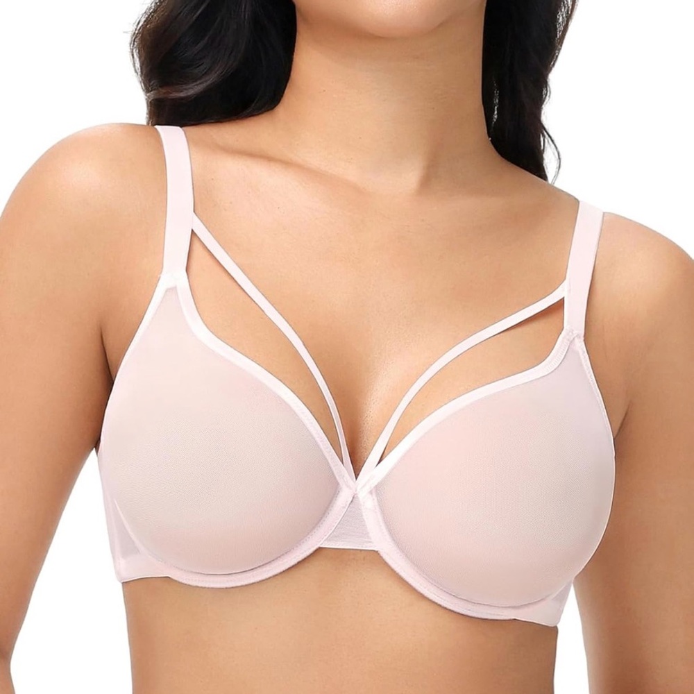 SEXY see through mesh bra strappy light pink Upushall SZ 34H NWOTs Large size